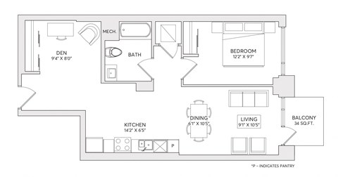 Floor plan for 1 bed, 1 bath, 775 sqft